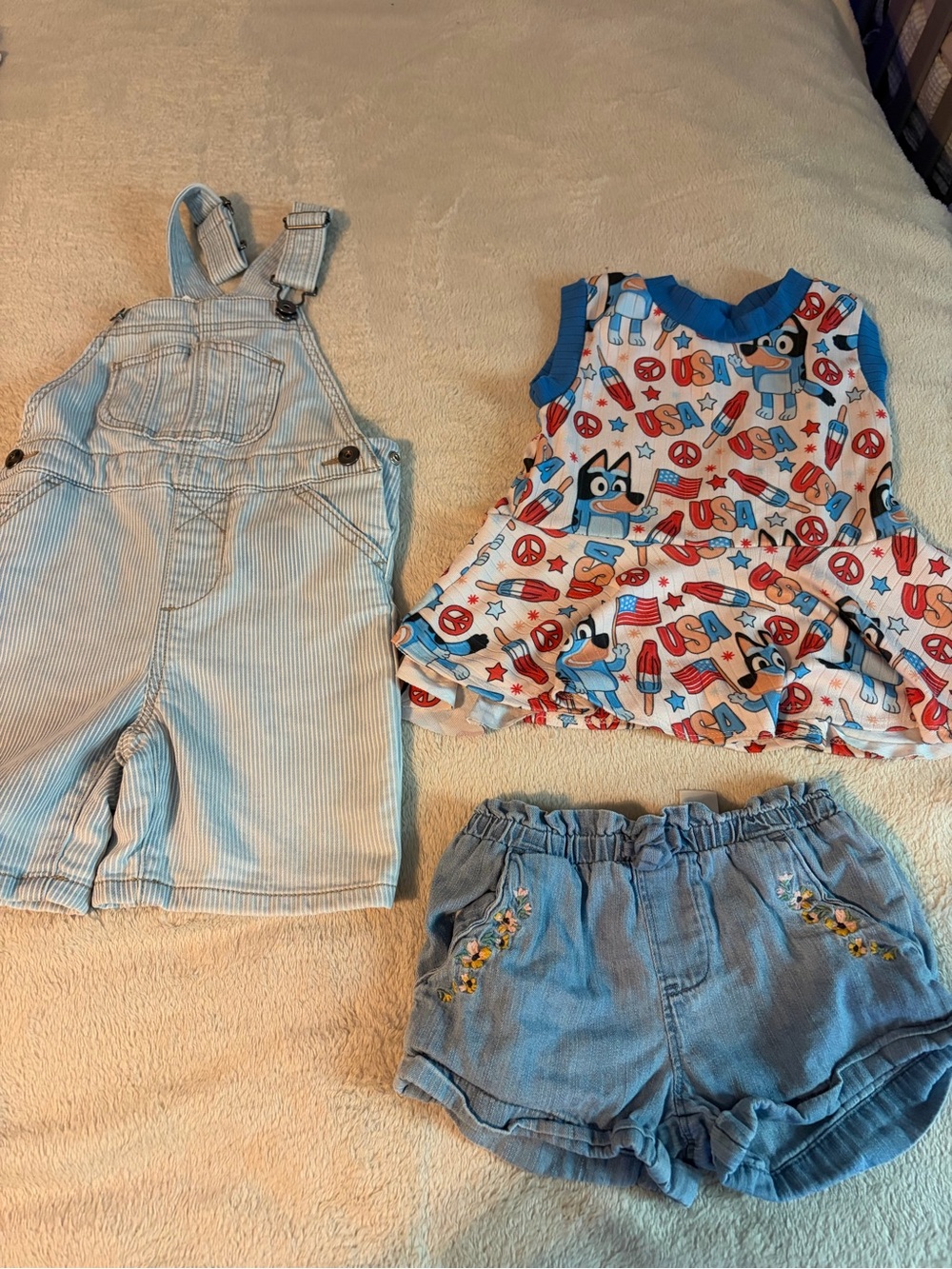 Light Blue Striped Kids Overalls and Denim Shorts and bluey 4th of July top 2/3t